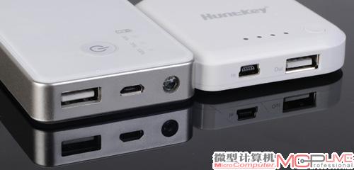 两款产品的输出接口都为标准USB，而输入接口则不同，航嘉PBA2000为Mini USB，翼通MP-3000为Micro USB。后者的输入接口旁还有一盏白色LED照明灯。