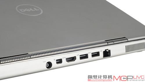 XPS 14z绝大部分的接口都被设计在了机身背后，好处是外接各种线缆时不会影响到两侧的空间。